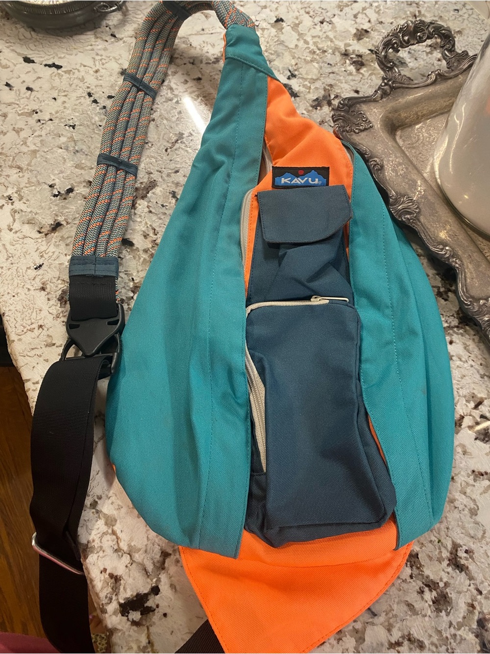 KAVU Rope Sling Backpack crossbody bag Teal and Orange Outdoor Canvas Ware